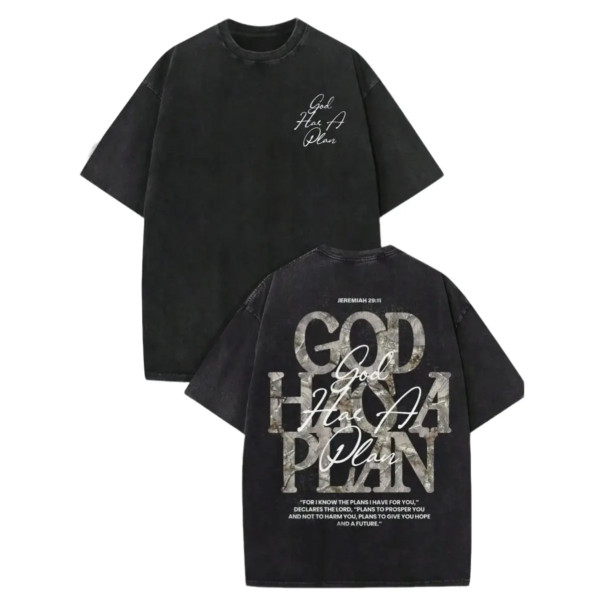 God Has A Plan Christian T-Shirt Jeremiah 29:11 Faith Graphic Tee Unisex Oversized Vintage Washed Cotton Camo Streetwear Shirt