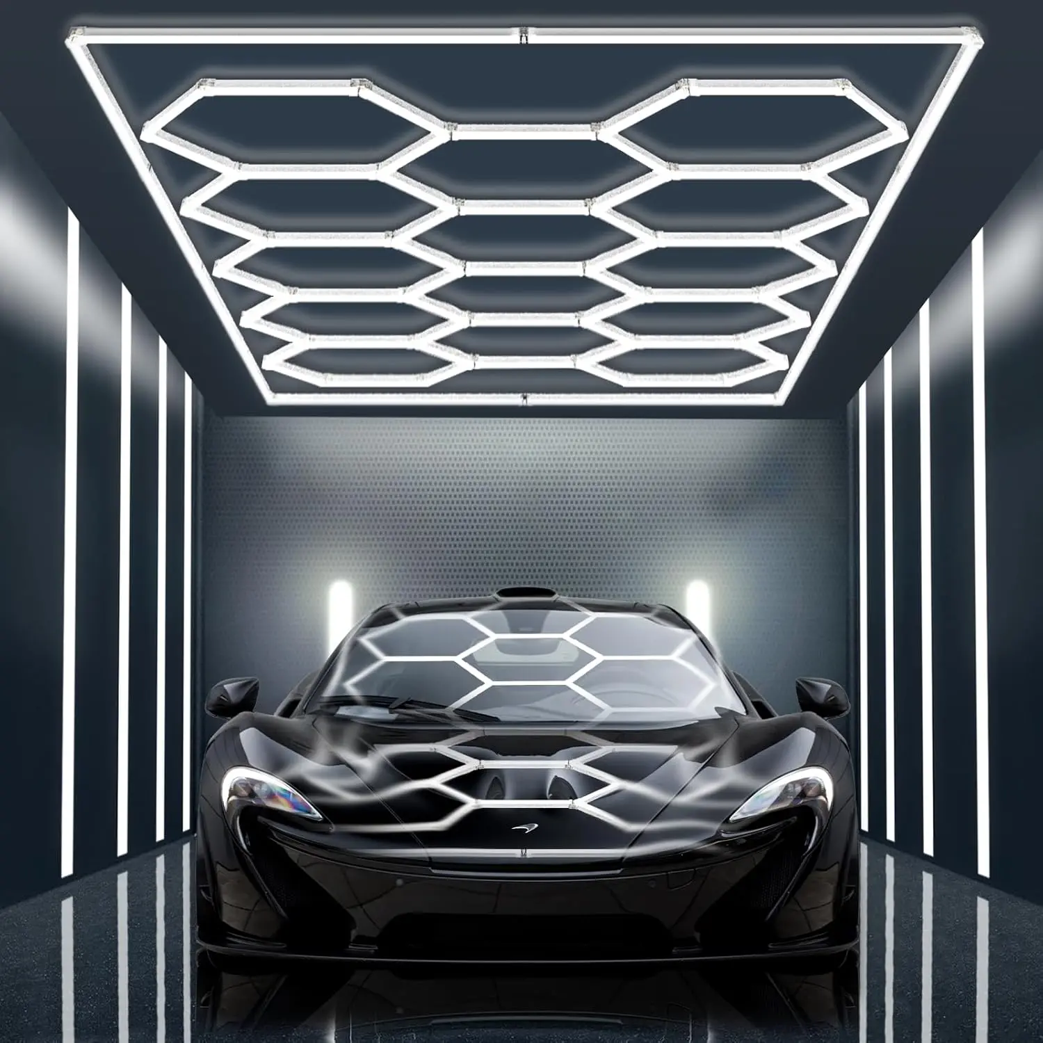 Hexagon Garage Lights 14 Hex with Rectangle Frame | High Brightness 672W 86400LM 6500K, Grid for Garage, Shop, Basement, Car Detailing Shop etc. with Mounting Clip