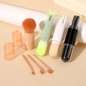 Four-In-One Mini Travel Makeup Brush Set, Portable Compact Powder, Foundation, Blush Brushes, Lip Gloss, Highlighter, Eyeshadow Applicator