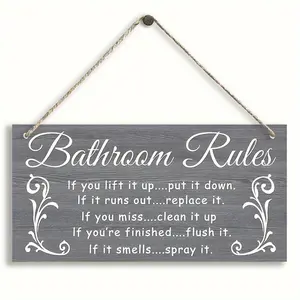 Wooden Bathroom Rules Sign, Bathroom Rules Hanging Sign, Wall Decor for Home Bathroom, Home Decor, Festive & Party Supplies, Bathroom Decorations