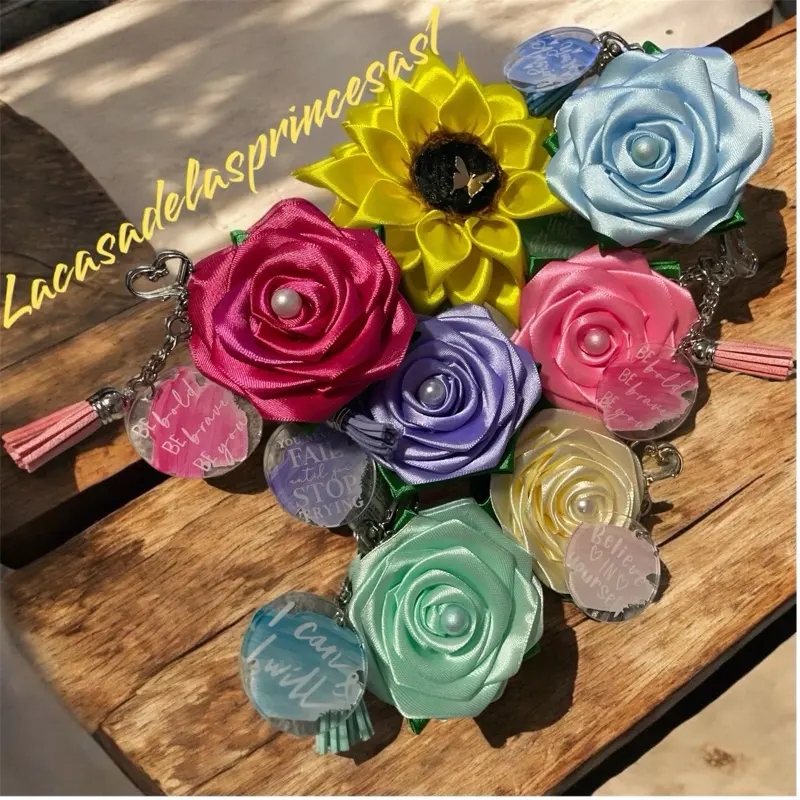 Handmade Ribbon Rose Keychain Pre-made design.
