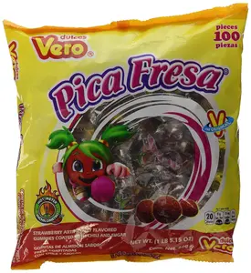 Dulces Vero Pica Fresa Chili Strawberry Flavor Gummy Mexican Candy, 100Piece, 1 LB, 5.15 OZ, Clear Snack Sweet Bonbon Soft Chewy