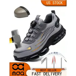 Unisex Anti-Smash Safety Shoes, Steel Toe Caps, Anti-Slip, Breathable,Industrial Construction Sports Rotatory Lace-Free Casual Hiking Shoes Black Gray