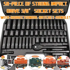 Impact Socket Set with Ratchet Handle - 3/8 Inch Drive, Common Size, CR-V Steel
