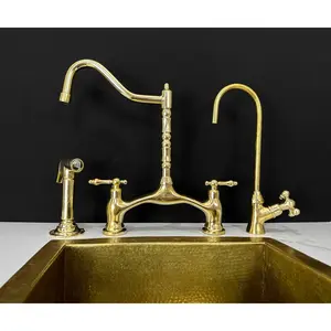 Handmade Unlacquered Brass Victorian Bridge Faucet with Side Sprayer & Cold Water Faucet – Timeless Elegance & Artisan Craftsmanship