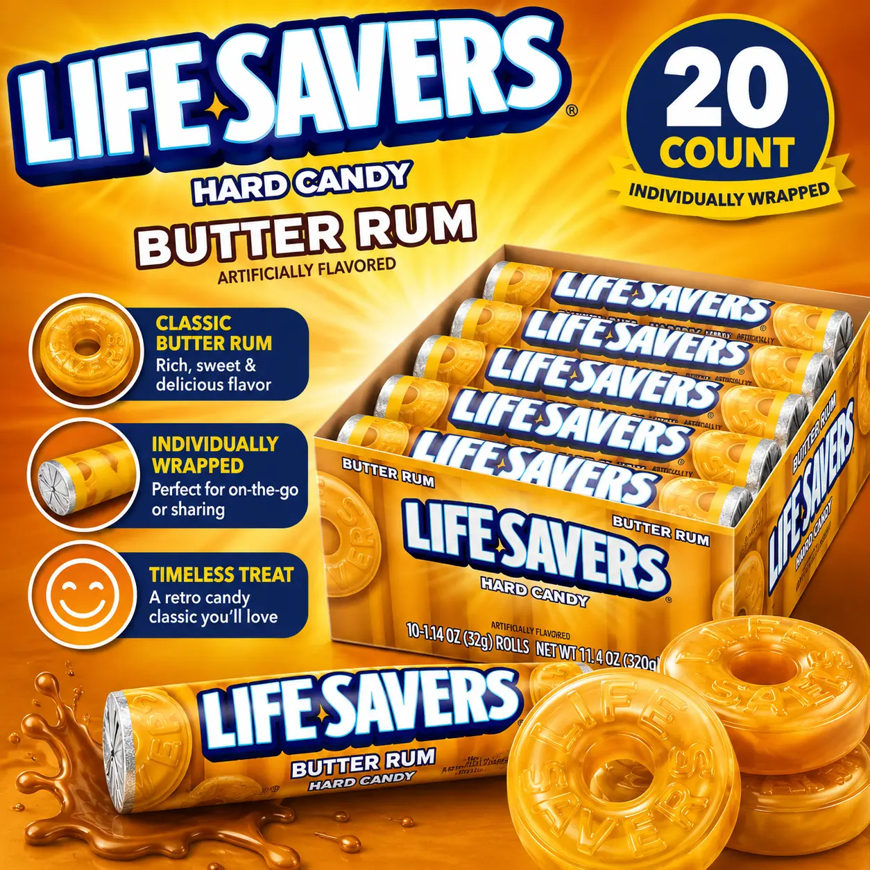 Life Savers Butter Rum Hard Candy Rolls 1.14 oz 20 Count  Rich Buttery Rum Flavored Hard Candy | Individually Wrapped Classic Candy Rolls