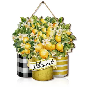 Summer Lemon Theme Wooden Wall Art Pendants, Welcome Sign, Watercolor Style, Lemon Bouquet, Rustic Farmhouse Decor, Home Decoration