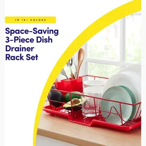 Sweet Home Collection Space-Saving 3-Piece Dish Drainer Rack Set: Efficient Kitchen Organizer for Quick Drying and Storage - Includes Cutlery Holder and Drainboard - Maximize Countertop Space, Red