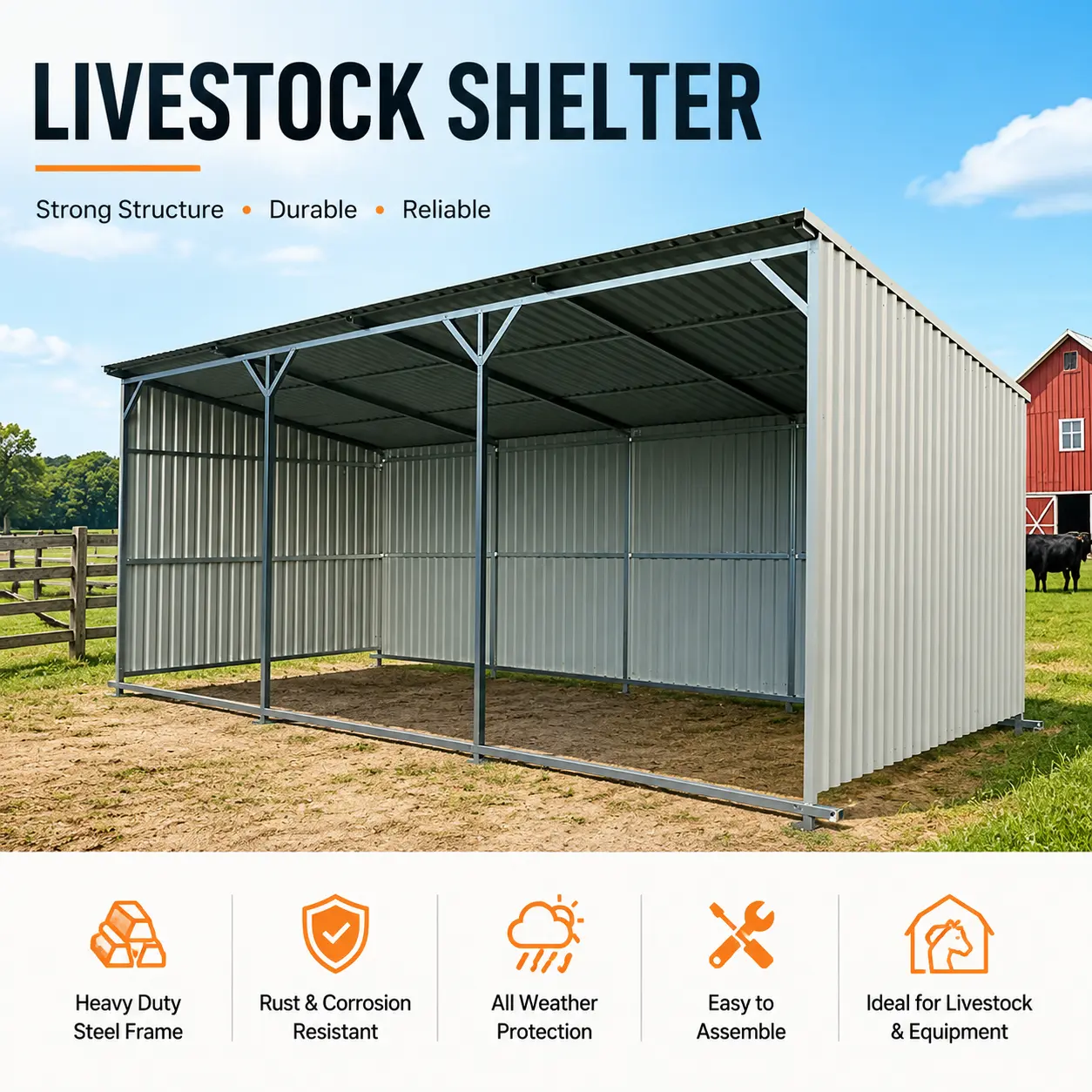 20'x12' FT Outdoor Metal Livestock Shelter | Heavy-Duty Reinforced Steel Frame Storage Shed | Metal Roof Open-Style Livestock Barn | Ideal for Farm Livestock Housing, Feed and Equipment Storage | Windproof and Rain-Resistant Durable Structure