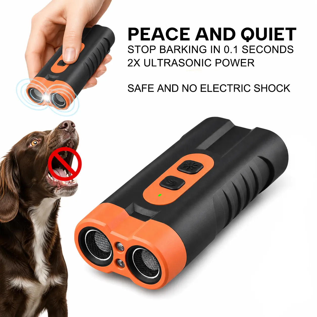 Handheld Ultrasonic No Bark Device - USB-Rechargeable Dog Training Tool with Dual Emitter, 50ft Range, 25KHz Sound Interruption, Flashlight, Portable Grip, Kit for Indoor & Outdoor Behavior Control, 25Khz Frequency