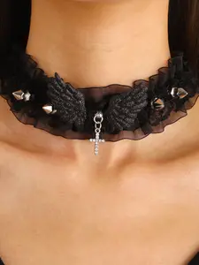Gothic Lace Rivet Choker Necklace for Women, Punk Design Wings Choker, Unique Lolita Neck Ring, Fashionable Gothic Jewelry