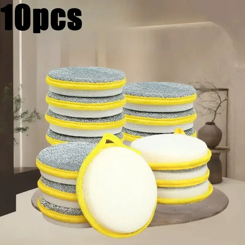 10PCS Round Double Sided Sponge Scrubber, Non-Scratch Heavy Duty Dish Washing Sponge, Anti-Crumble Kitchen Cleaning Sponge With Hanging Loop For Pots Tableware Countertop