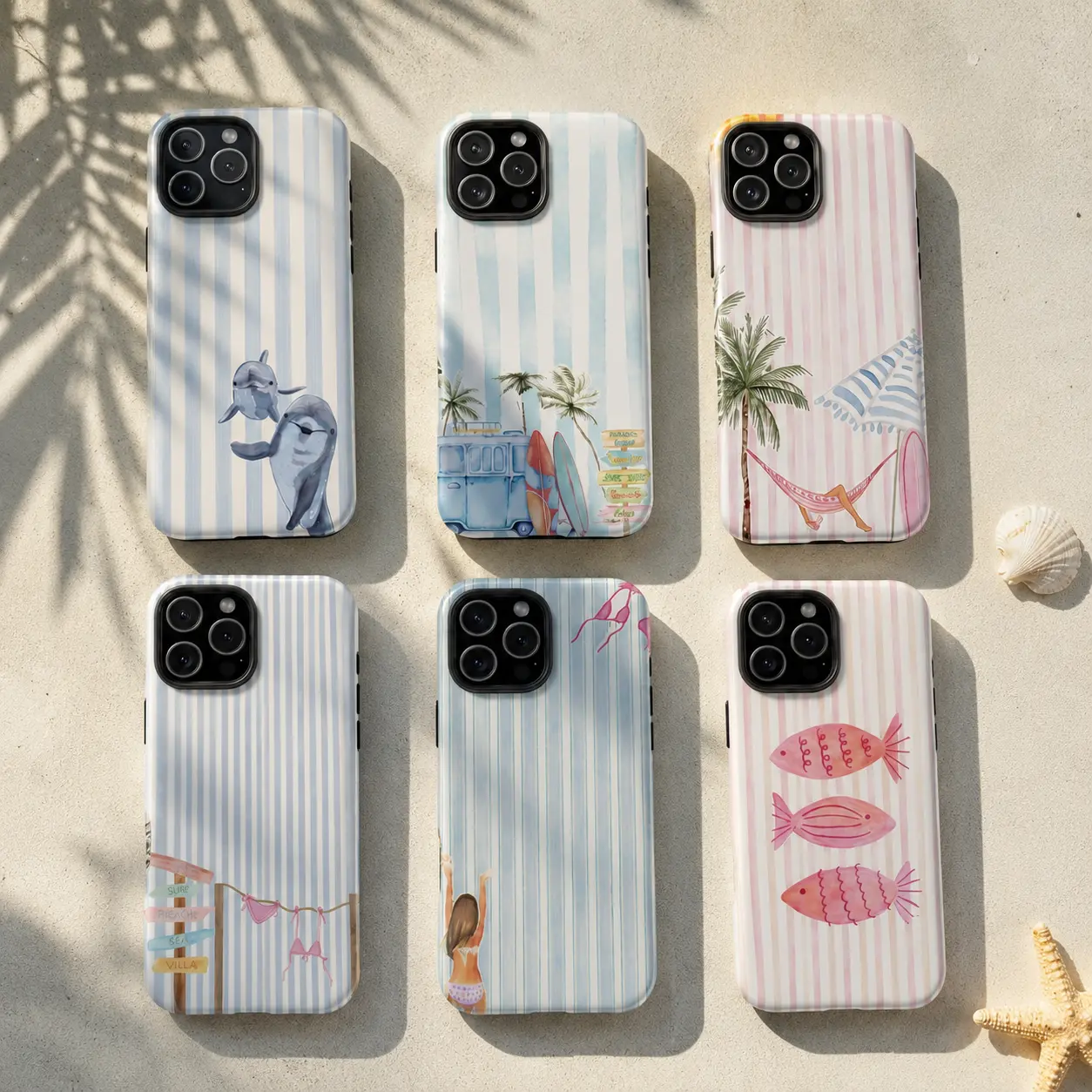 Aesthetic Coastal Summer Smartphone Case - Preppy Coconut Girl Style, Pastel Blue-Pink Striped, Watercolor Dolphin/Surfboard/Palm Tree, Shell Accent, Custom Fit for iPhone 17 Pro Max 16 Plus 15 14 13 Mini 12 11, Galaxy S25 - Handheld Safety Cover, Cellpho