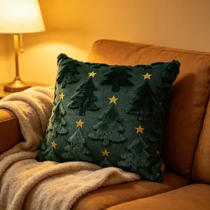 1 Pack Christmas Throw Pillow Cover, 18x18 Inch Soft Plush Faux Fur, Pillowcase with Christmas Tree & Star Embroidery, Christmas Throw Pillow Covers for Couch, Bed, Sofa