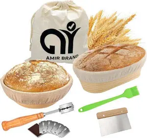 Banneton Bread Proofing Baskets Set of 2, 10 Inch Oval Cane Sourdough Bread Rising Basket Bowls with Sourdough Bread Lame Dough Scraper Basting Brush for Sour Dough Proofing Fermentation