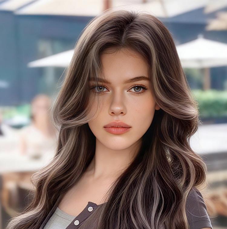 Lotfon Women's non-adhesive synthetic wig, Brown with white highlights big wave style, adjustable head circumference, comfortable fit, easy to wear, lightweight and breathable, instantly changes your style, suitable for daily wear and cosplay.