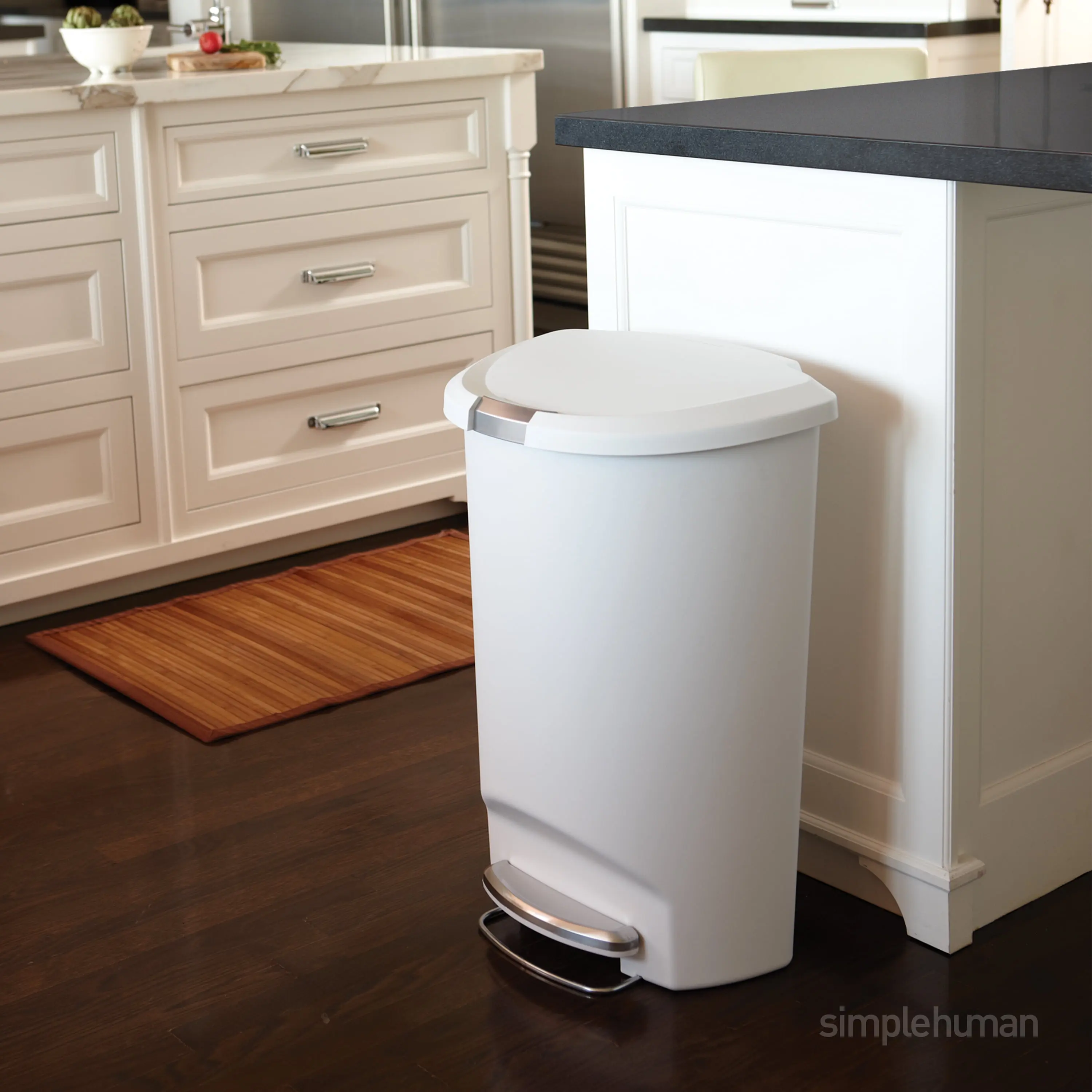 simplehuman Kitchen Trash Can, 13 Gallon Plastic Step Garbage Bin with Secure Slide Lock, Soft Close Lid, White