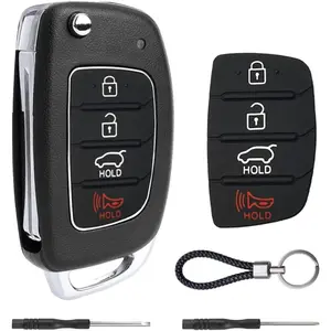 Key Fob Case For Hyundai Sonata,Santa Fe Sport 2019,2018,2017,2016,2015,2014,2013 4 Buttons Keyless Entry Remote Control Folding Flip Car Key Fob Cover Shell Replacement With Insert Rubber Pad Keypad
