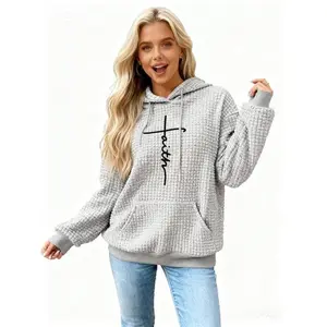 Popular hooded round neck sweatshirt for winter women's clothing - featuring a "Faith" cross print, loose fit, long sleeves, round neck, multifunctional outerwear top, comfortable casual wearRAIMENTRY