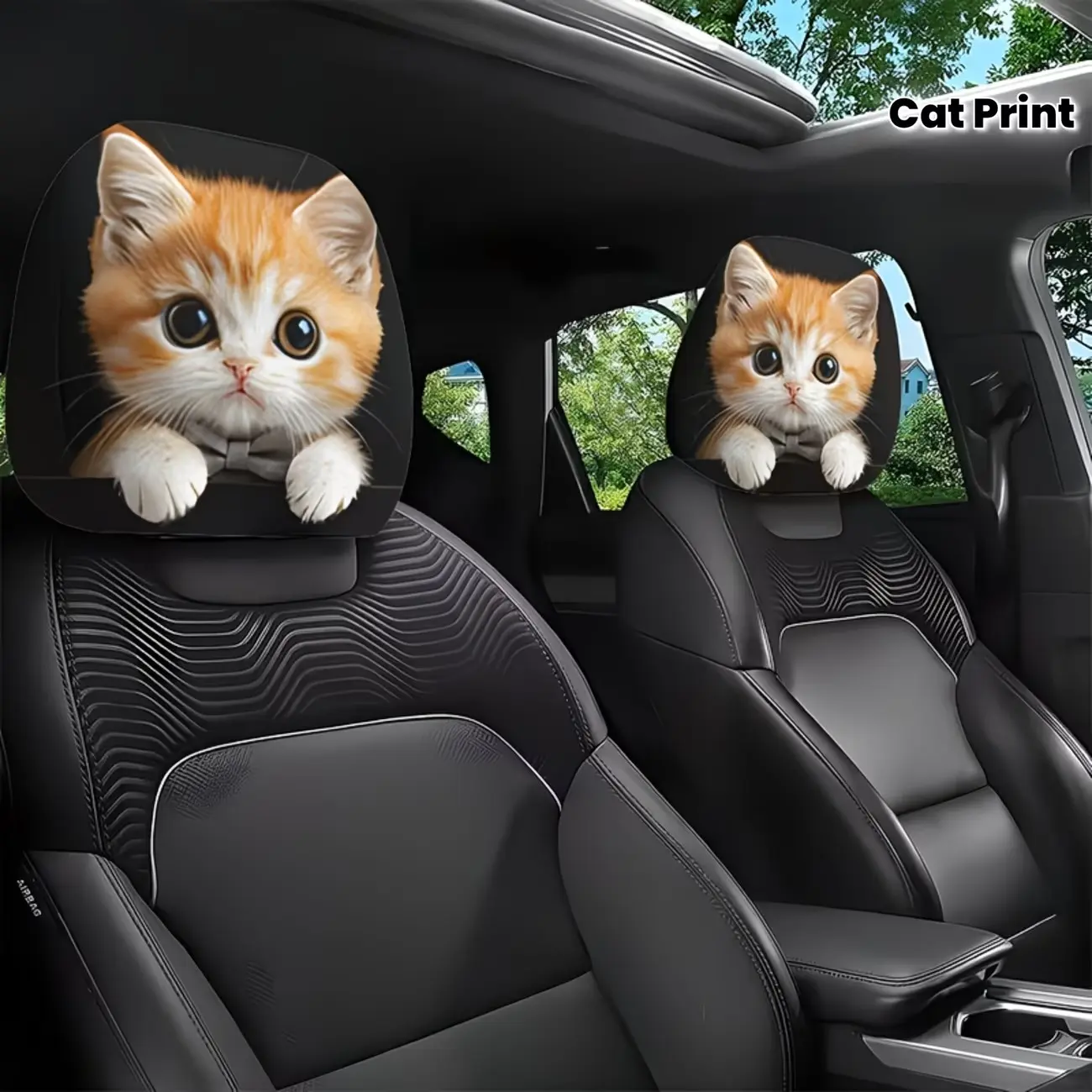 2-Pack Cute Cat Print Car Headrest Covers, Soft Comfortable, Elastic Design, Easy Installation, Ideal for Couples Road Trips, Great Gift, Car Accessories