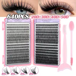 MAGEFY 640pcs Eyelash Extension Kit | DIY Eyelash Cluster Kit | Eyelash Clusters | Individual Eyelashes | Eyelash Extension Kit, Includes Double-Ended Eyebrow Brush + Massager, Eyeliner Applicator + Eyebrow Comb (20D + 30D + 40D + 50D Eyelash Cluster Set)