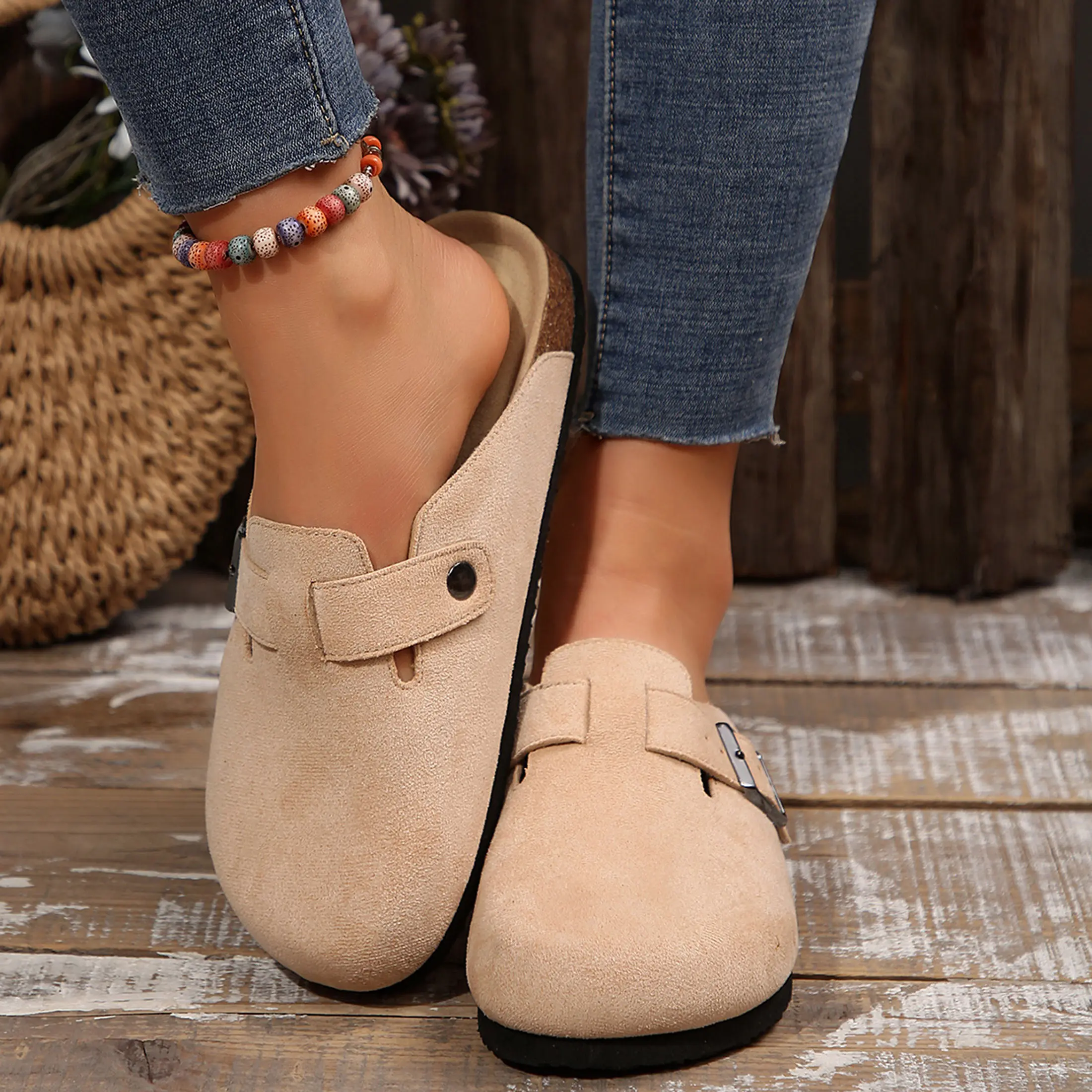 Women's Suede Clogs Adjustable Buckle Mules Potato Shoes with Comfort Cork Footbed Platform Sandals Brown
