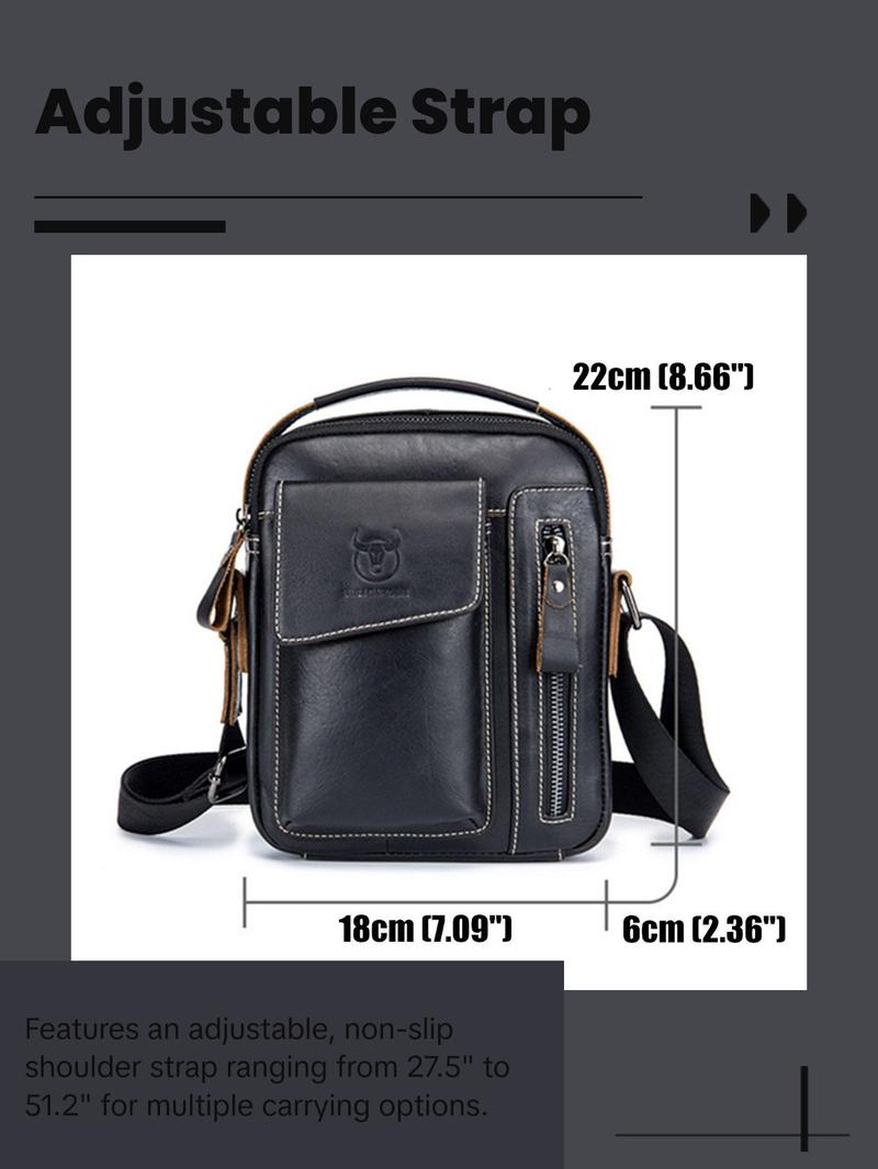 FR Fashion Co. Men's Genuine Leather Crossbody Bag - Classic Black, Adjustable Non-Slip Strap, Lightweight, Zipper Closure, Travel & Everyday Use, 100% Genuine Leather, 8.66" L x 7.08" H x 1.97" W