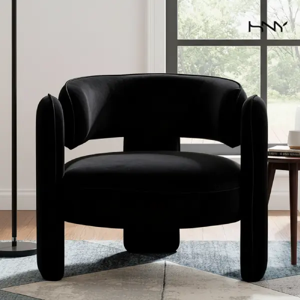【SummerWins】HNY Modern Backless Barrel Chair with Armrests - 1-Piece Round Open-Back Upholstered Armchair, Single Sofa for Living Room, Small Spaces, Black Velvet, Round Form