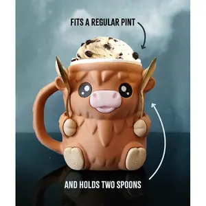 Ferdinand Highland Cow Ice Cream Pint Holder – 3D Printed Cute Cup, Spoon Slots & Secret Snack Drawer, Handmade Drinkware for Kids & Adults