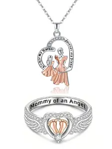 Mother's Day Gift Creative Heart Necklace Set, Angel Wings Baby Footprint Ring, Birthday Jewelry for Mom and Grandma, Elegant Friendship Chain, Love Heart Necklace