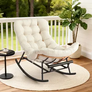 Indoor Papasan Rocking Chair, Rattan Rocker with Extendable Footrest & Detachable Polyester Cushion, 450lbs Sturdy Large Reading Lounge for Indoor Bedroom Living Room