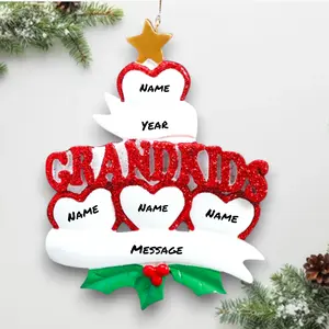Personalized Grandkids Hearts 4 Christmas Ornament – Custom Names, Year & Message – Red Glitter GRANDKIDS Tree Decoration – Noel Box