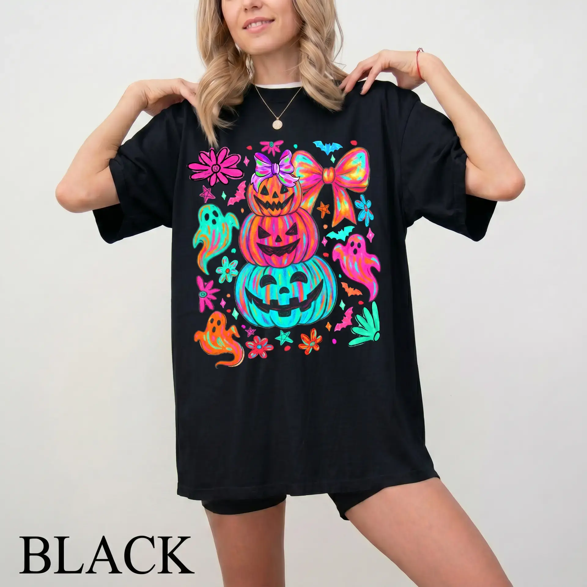 Preppy Neon Halloween Pumpkin Ghost Shirt, Coquette Halloween Bow Tee, Fall Bat Ghost Shirt, Girly Spooky Pumpkin, Cute Halloween
