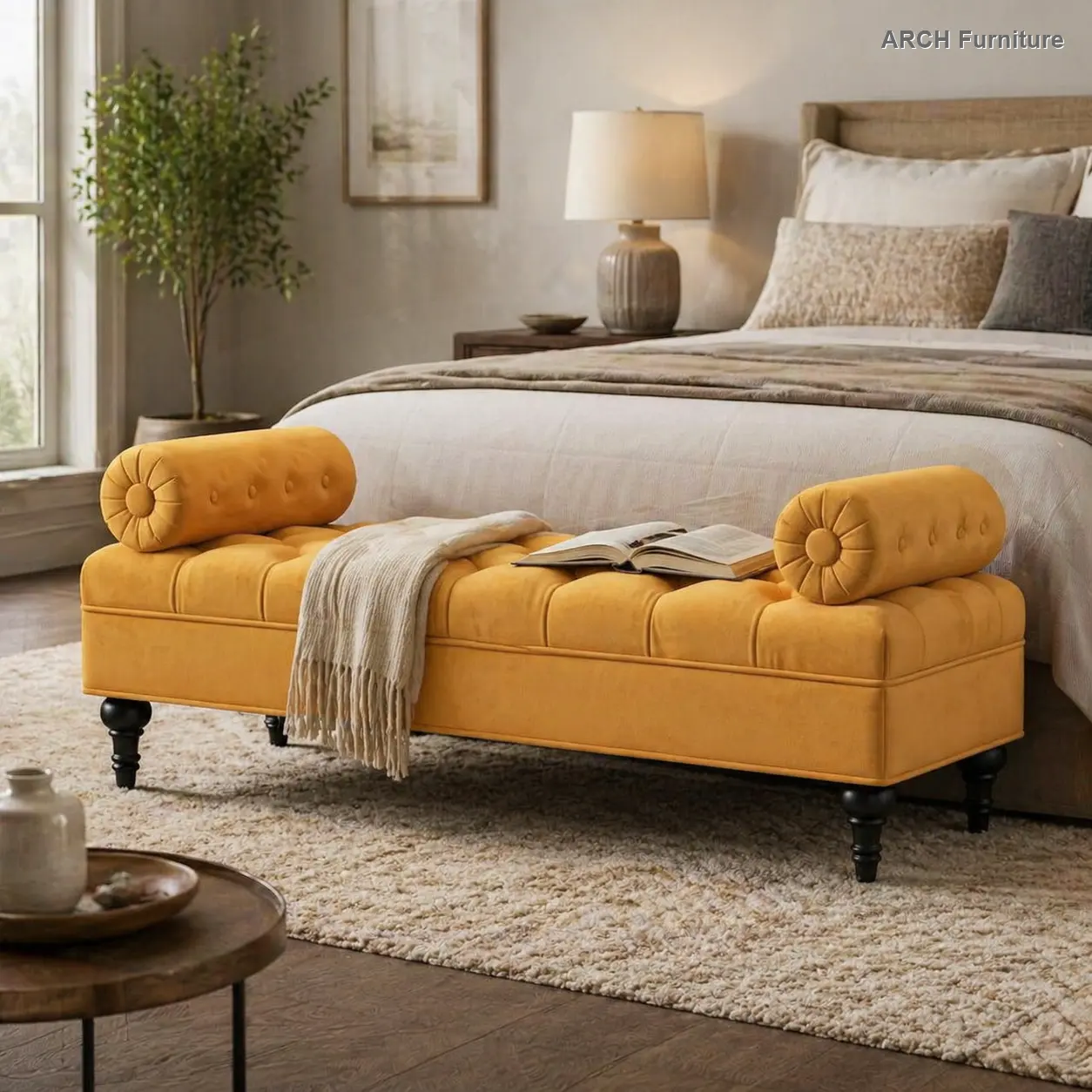 ARCH Modern Bedroom Bench,Bench for End of Bed,Velvet Upholstered Bench with 2 Detachable Pillows,Comfy Upholstered Footstool,Ottoman for Bedroom,Living Room, Entryway,Yellow, 60X20.8", Easy Setup, Tufted