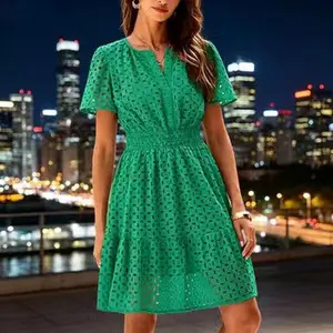 Women's Summer V-Neck Short Sleeve A-Line ShortDress | Hollow Out Lace Ruffle Cute Casual BeachParty Formal Dresses