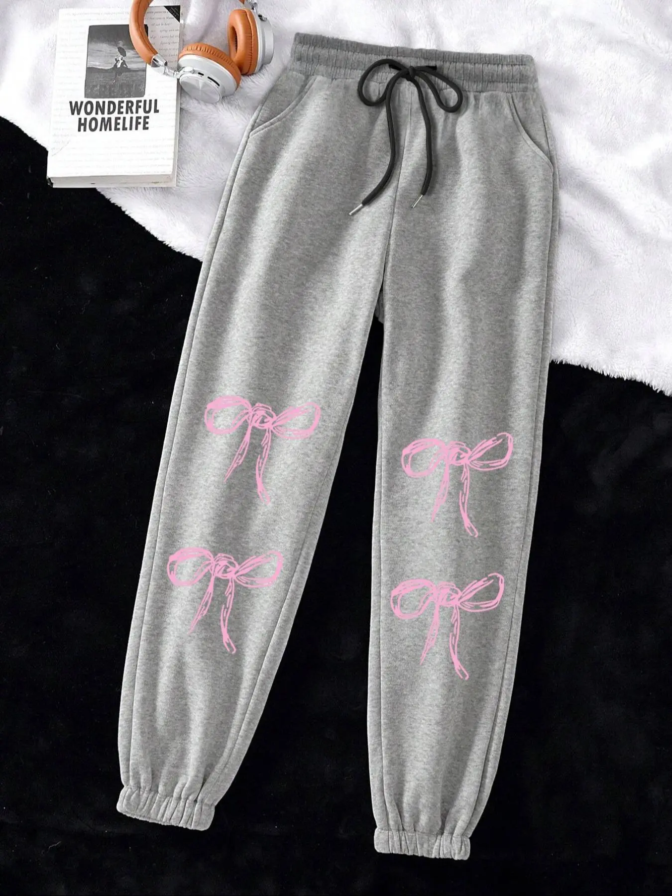 Women's Bow Print Thermal Lined Sweatpants, Casual Comfy Jogger Pants for Daily Wear, Ladies Bottoms for All Seasons