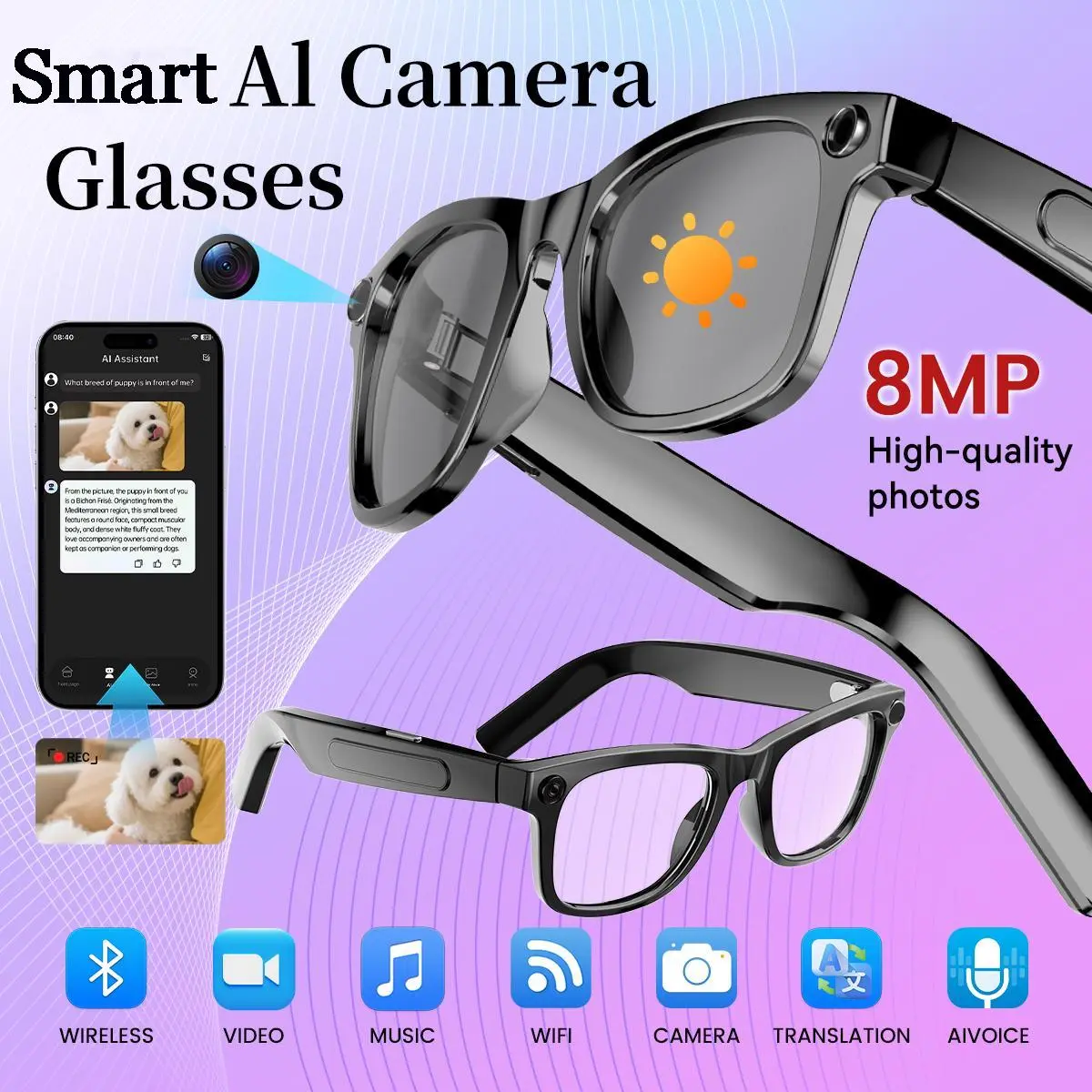 W&O Smart AI Glasses with 8MP Camera, 4K Video Recording & Real-Time Translation (160+ Languages), Photochromic UV Lenses, Bluetooth Audio, Hands-Free Wearable Camera for Travel & Outdoors - Perfect Easter Gift