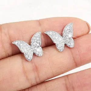 2pcs Elegant Rhinestones-Encrusted Butterfly Stud Earrings - Sparkling Zinc Alloy & Stainless Steel, Perfect for Weddings, New Year's, and Formal Events, Butterfly Earrings
