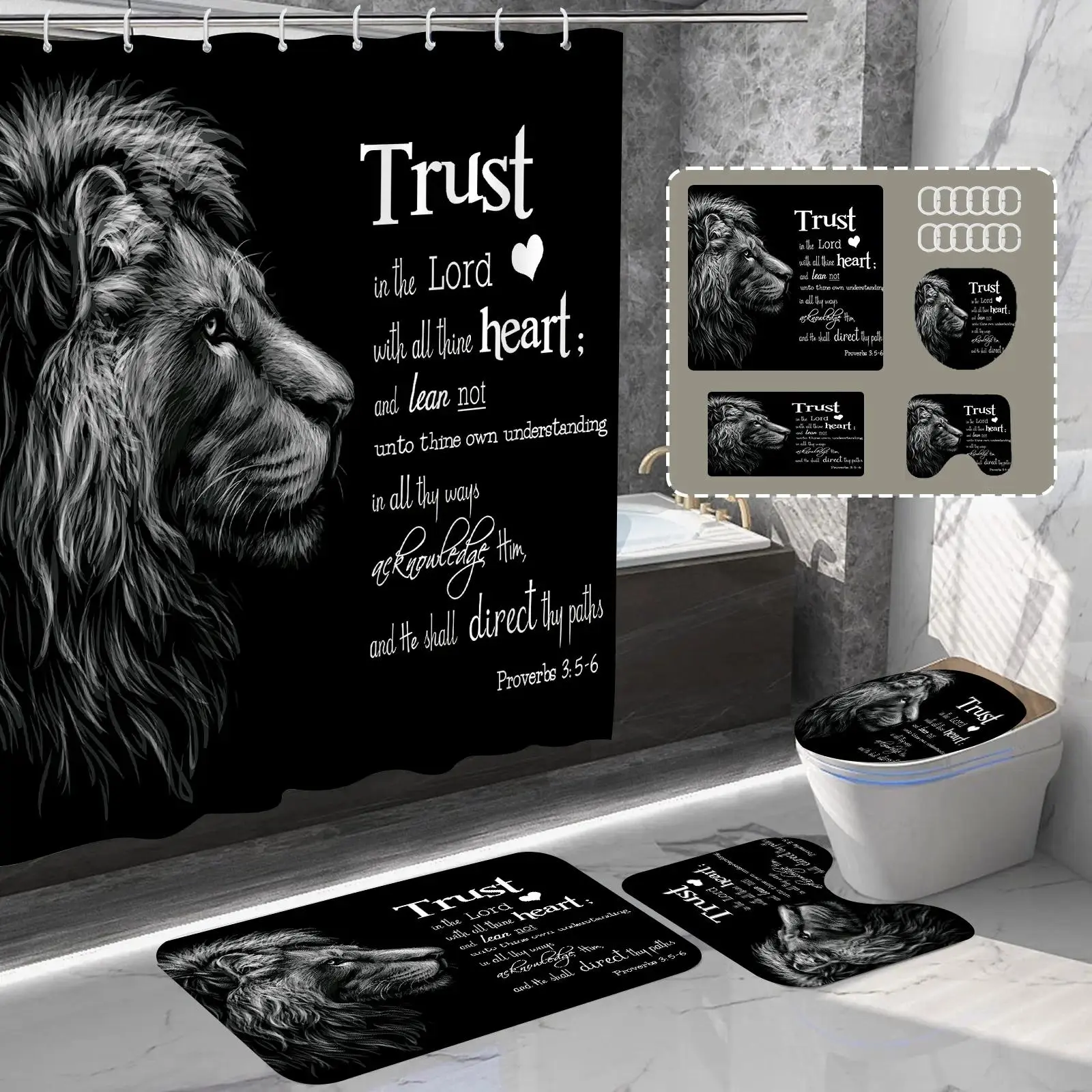 4Pcs Lion Shower Curtain Set, Bathroom Decor Set with Motivational Text, Waterproof Shower Curtain, Bath Mat, U-shaped Mat, Toilet Seat Mat Lord Faith