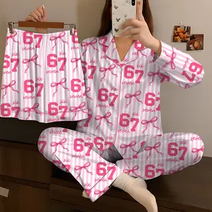 67 Meme Pajamas Set for Women | Pink Bow Six Seven Pajama Set | Funny TikTok Viral PJs | Cute Satin Long & Short Sleepwear