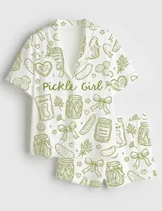 Pickle Lover Hand Drawn Coquette Pickle Jars Pickle Girls Satin Pajama Set, Pickle Lover Cute Pajamas , Holiday Gift For Women Coquette