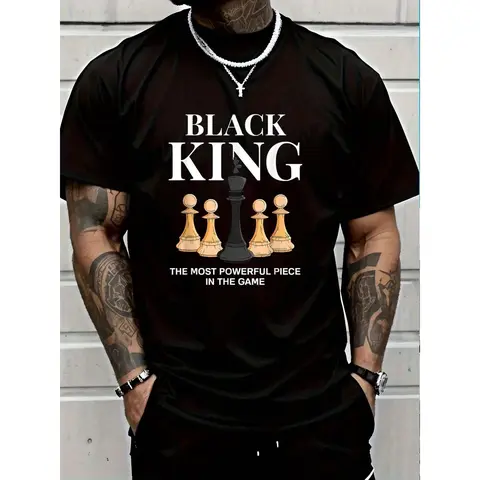 Men's Graphic T-Shirt with 'The Most Powerful Piece' Chess King Print, Breathable 25% Cotton Relaxed Fit Short Sleeve Tee