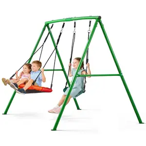 VEVOR Backyard Swing Set - Outdoor Heavy-Duty Carbon Steel A-Frame Stand Play Set with 32 in Saucer Swing Seat, Belt Seats, 440 lbs Load Support, Spiral Ground Stakes for Kids