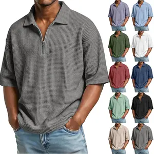 Men's Waffle-Weave Short-Sleeved Shirts Summer Solid Color Lapel Polo Shirt T-Shirt Beach Style Tops