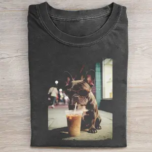 Funny French Bulldog Drinking Iced Coffee Comfort Colors T-shirt, Vintage 90s Edgy Dog Meme Tee, Unisex Fit Design, Casual Streetwear, Gift for Dog Lovers