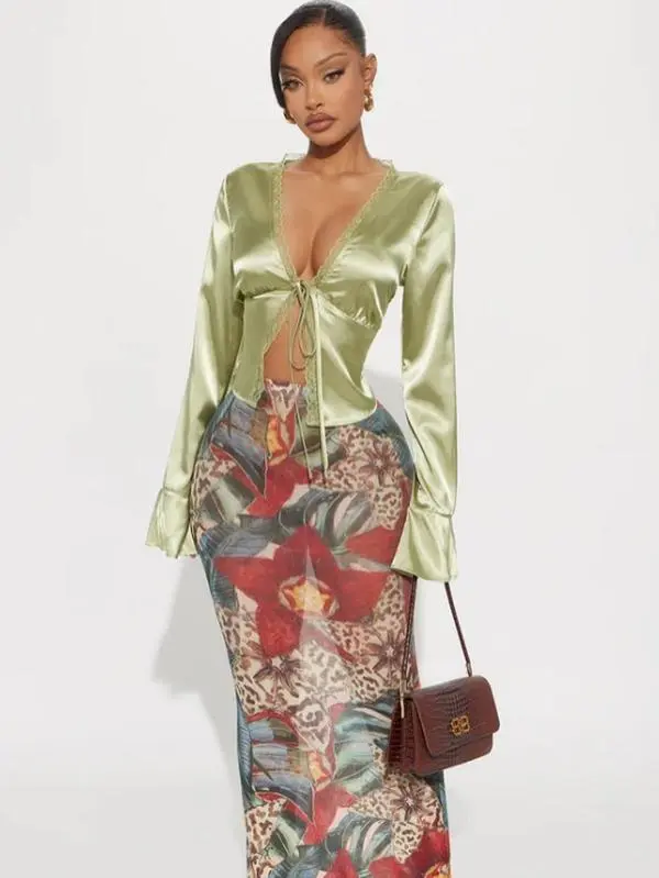 In Full Bloom Mesh Maxi Skirt - Brown/combo