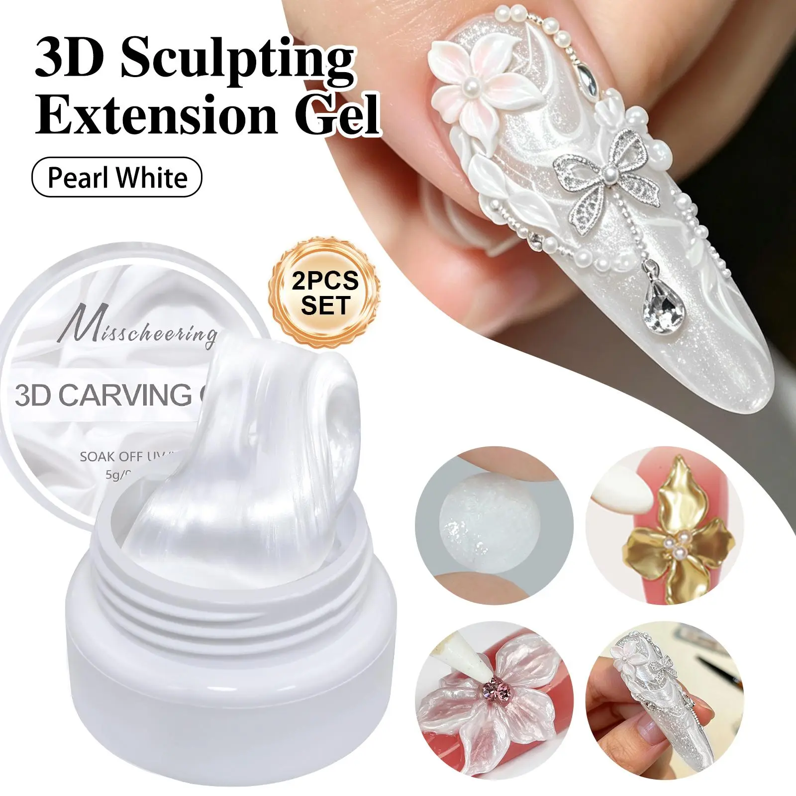 1/2pcs White Pearlescent Satin Non Stick Hand Carved Gel 3D Shaping Sculpting Solid Gel,5ml Glossy Acrylic Gel DIY Nail Art Dec