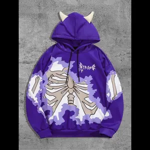 Men's Skeleton & Cross Halloween Graphic Drop Shoulder Demon Design Hoodie, Regular Fit Fashion Casual Drawstring Hooded Sweatshirt for Daily Holiday Outdoor Wear, Menswear for Fall & Winter, Tops for Men