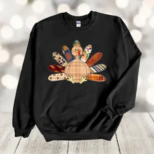 [New Collection For Christmas] Thanksgiving Turkey Sweatshirt: Printed Faux Patchwork Design