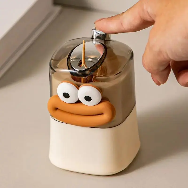 1Pc Cute Cartoon Automatic Toothpick Dispenser Canister, Playful Face Design Push-Type Toothpick Holder, Dustproof Hygienic Durable Plastic Material, Creative Toothpick Storage Gadget for Home & Restaurant Desktop, Plastic Storage Containers